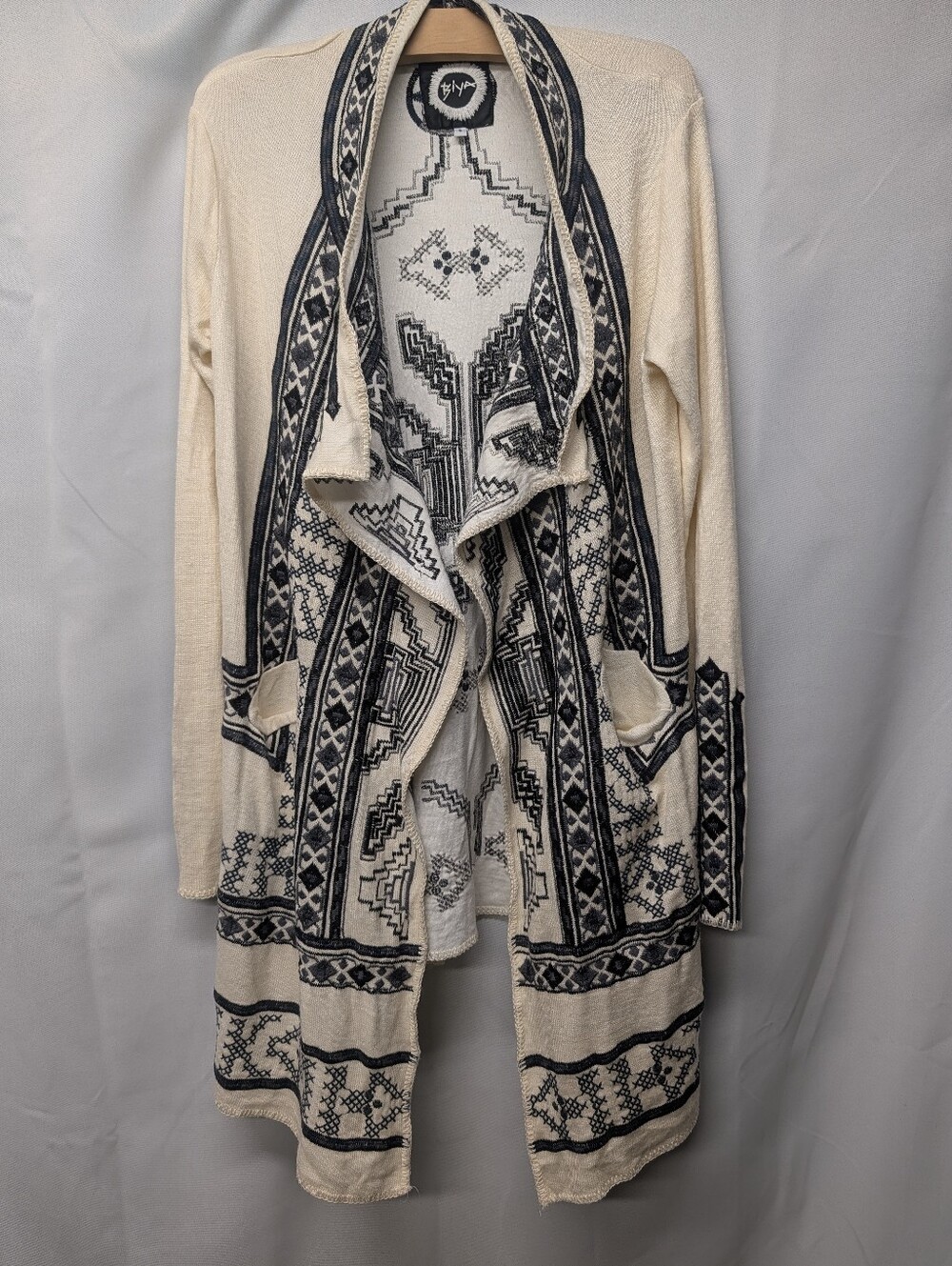 Johnny Was Cream and Black Aztec Open-Front Cardigan, NWOT, Size Small